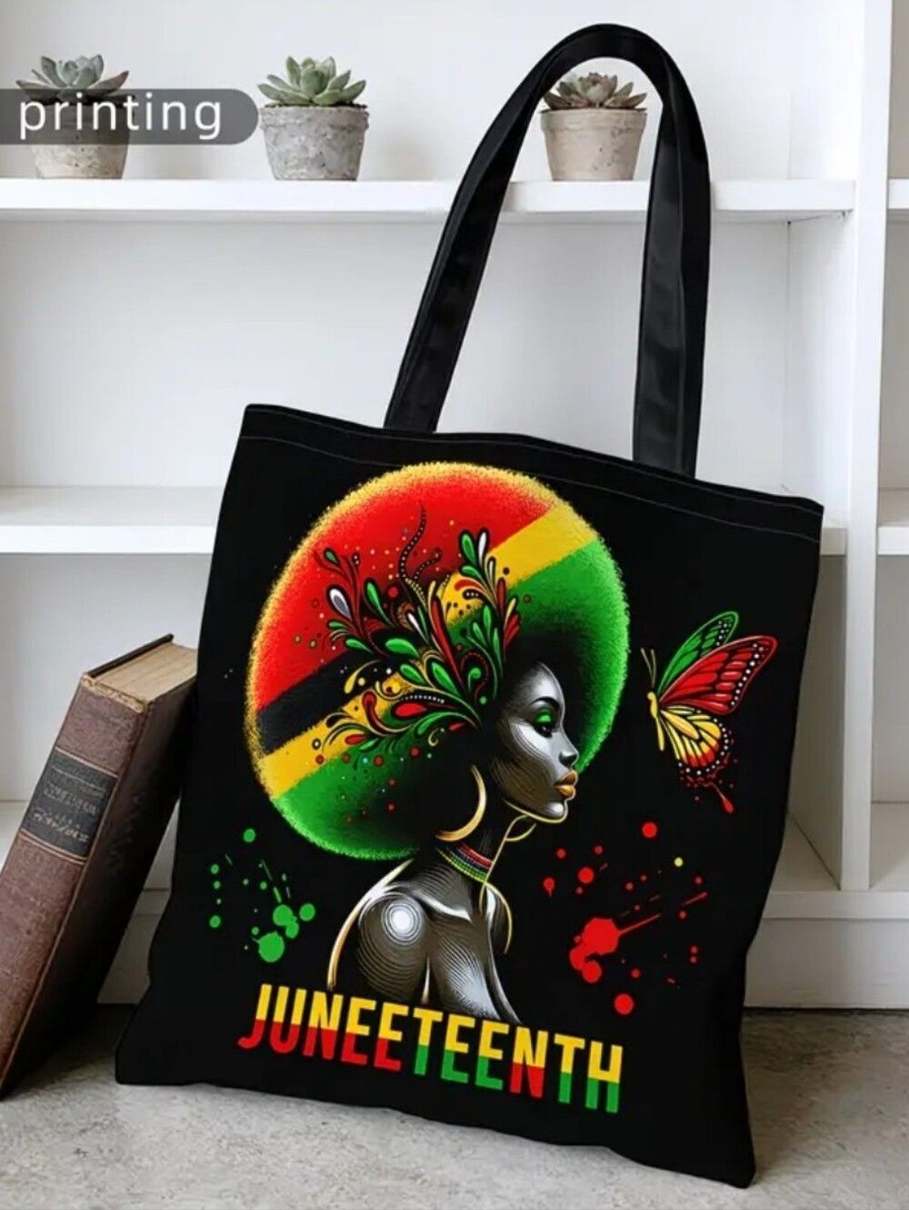 Juneteenth Black Tote Bag with Afro Art #2